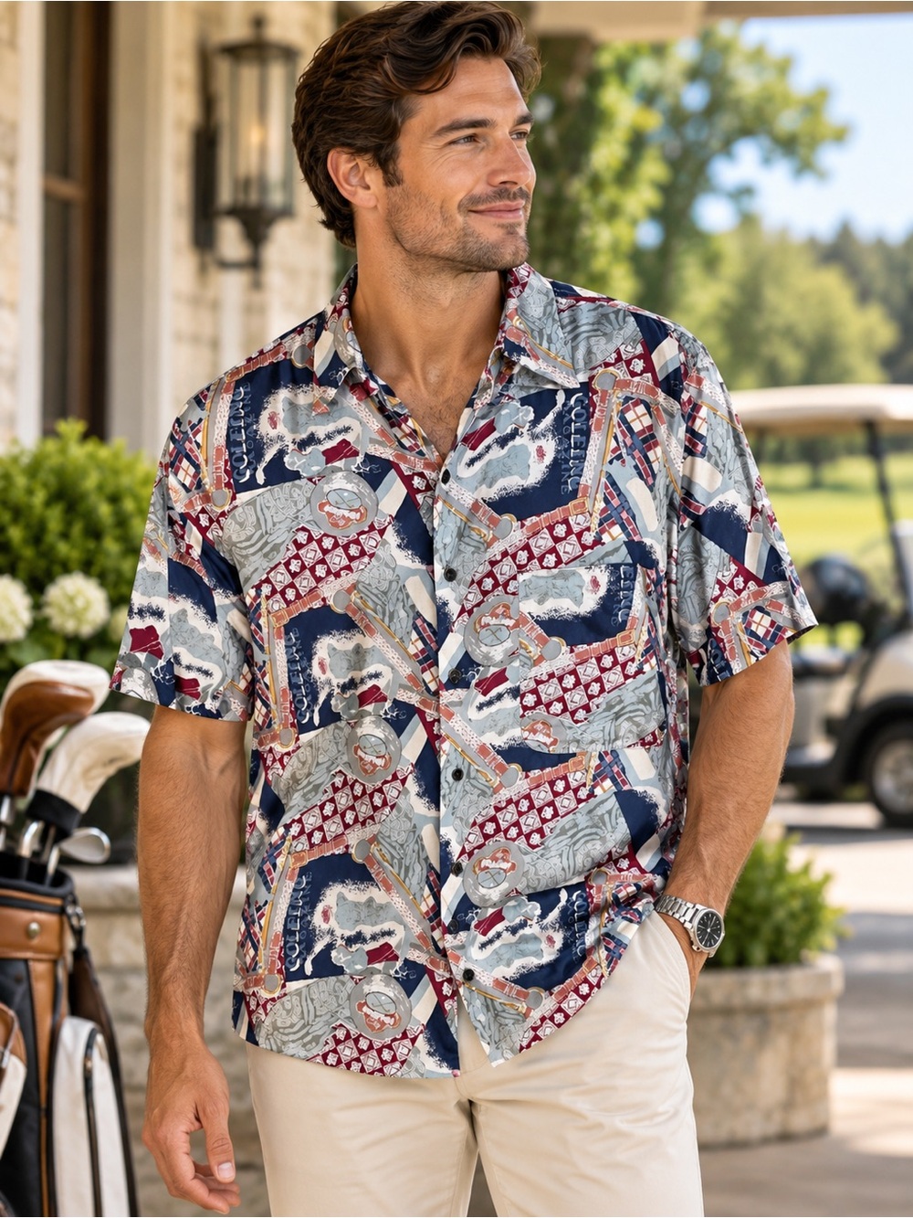 Vintage ROBERT STOCK 100% Silk Golf Novelty Print Button Up Shirt Men’s Medium